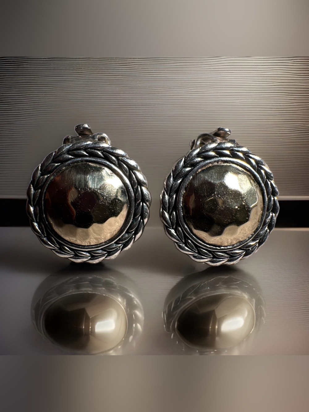 John Hardy Palu Sterling Silver and 14k Gold Hammered Round Clip On Earrings